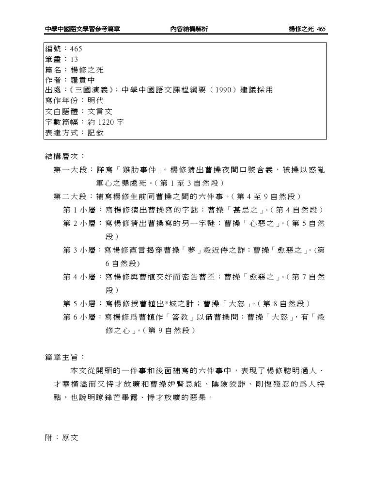 楊修之死 重點 (附上篇章) | PDF