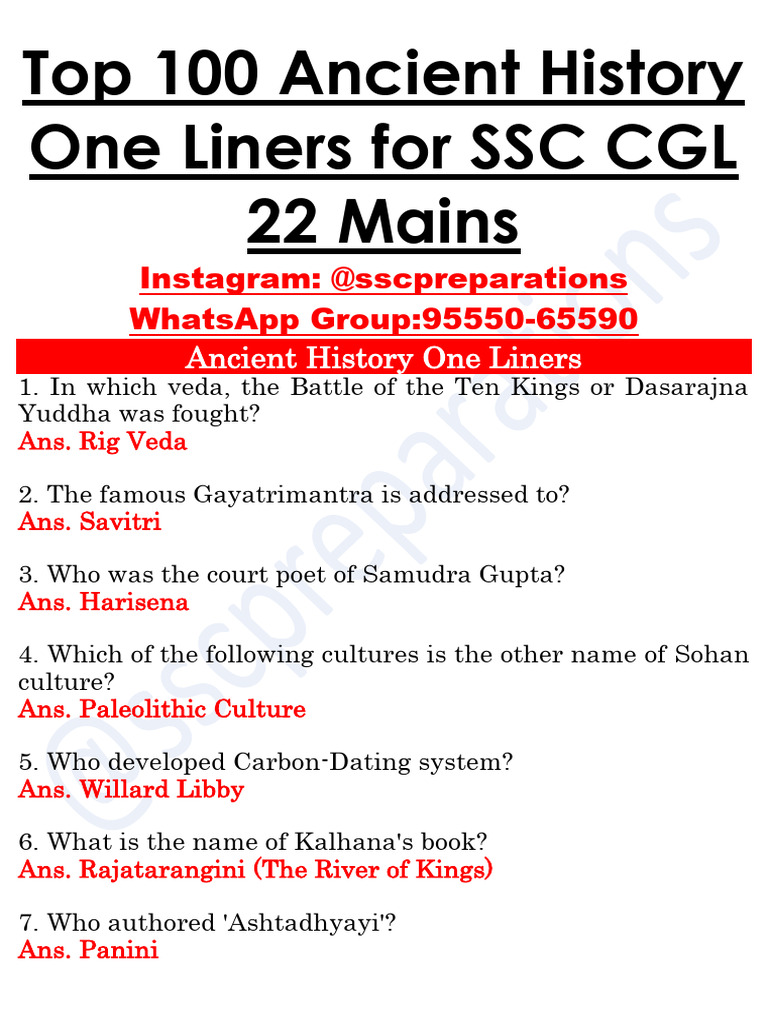 Top 100 Ancient History One Liners For SSC CGL 2022 Mains | PDF | Vedas ...