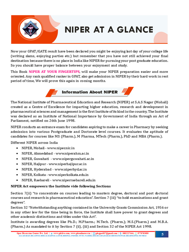 Niper at A Glance | PDF | University And College Admission | Pharmacology