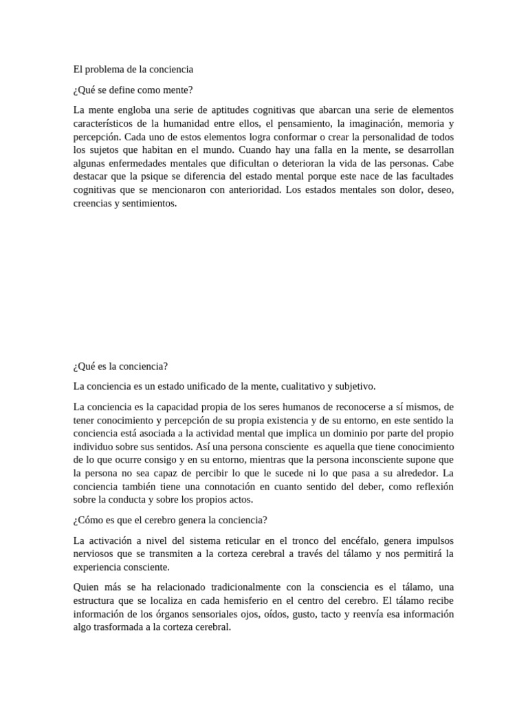 El Problema de La Conciencia | PDF | Conciencia | Mente