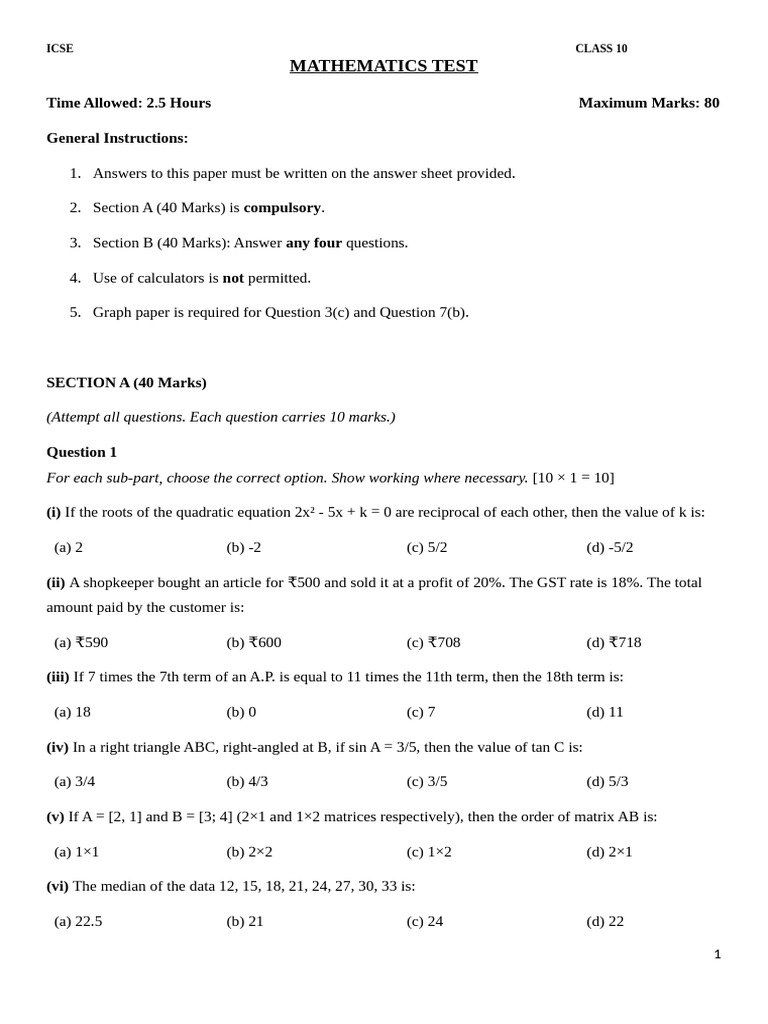 Mathematics Test Class 10 Icse | PDF | Circle | Trigonometric Functions