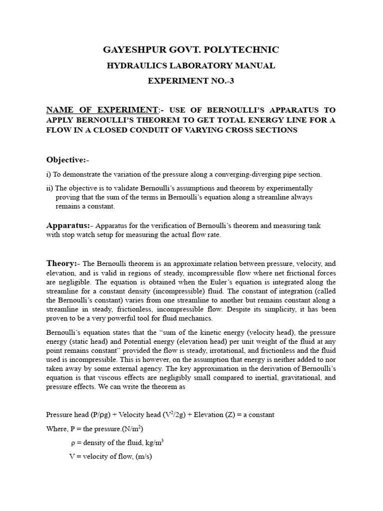 Bernoulli-S Theorem Manual | PDF | Fluid Dynamics | Soft Matter