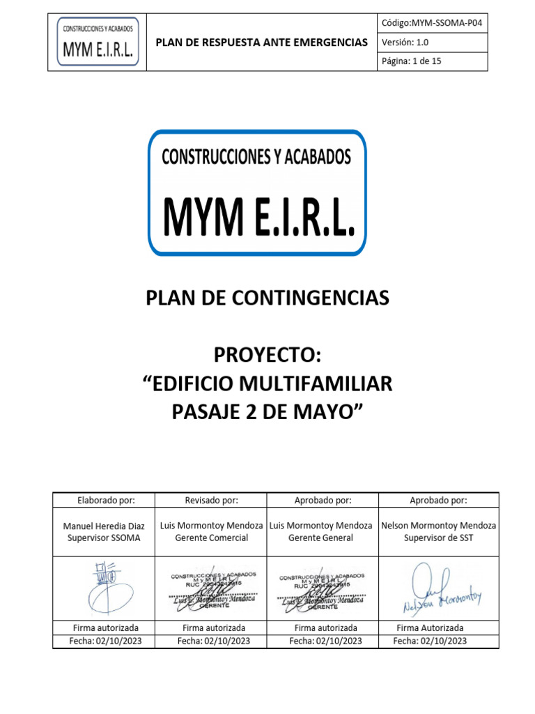 Mym-Ssoma-P05 Plan de Contingencias | PDF | Seguridad y salud ocupacional