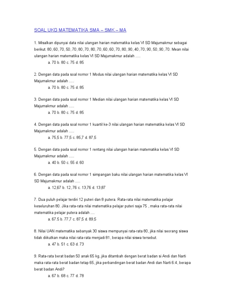 Soal Ukg Matematika Sma Smk Ma Pdf