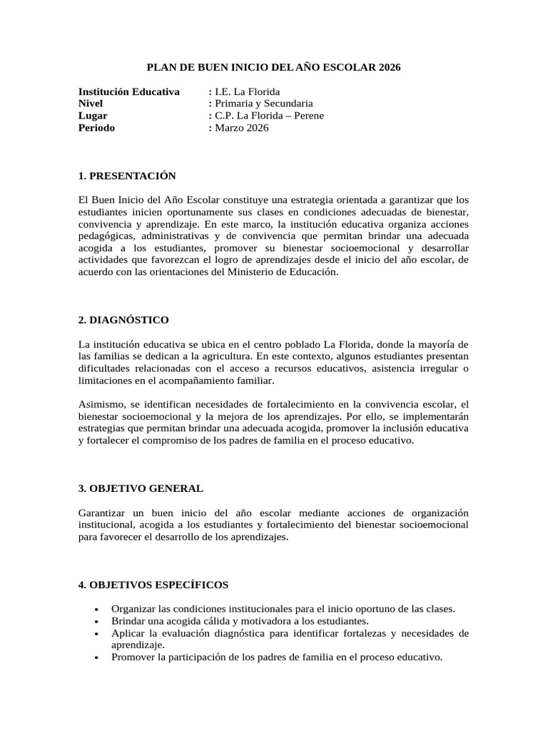 Plan de Buen Inicio Del Año Escolar 2026 | PDF | Aprendizaje | Escuelas