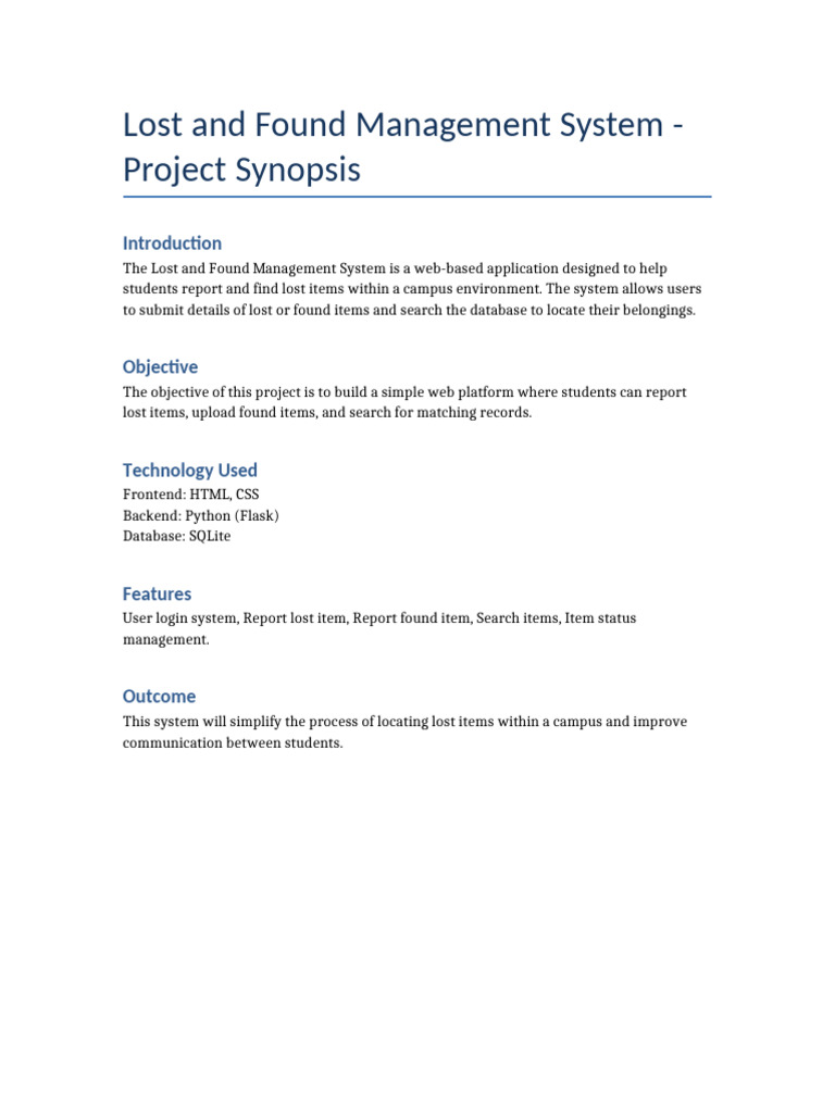 Synopsis Lost Found System | PDF