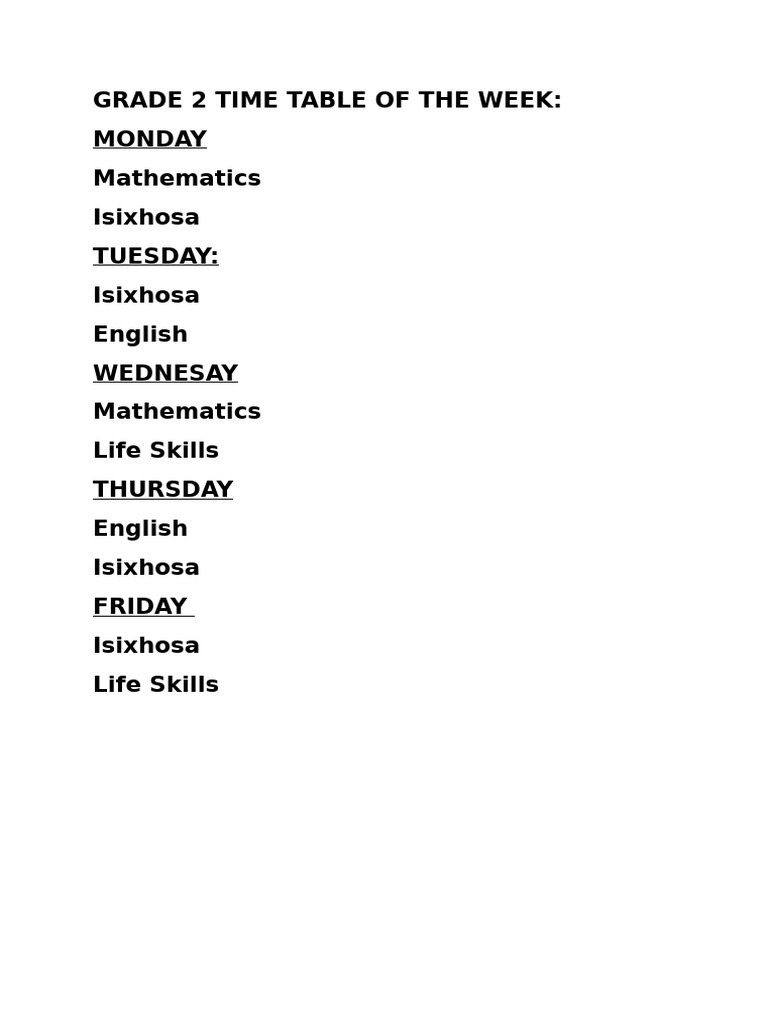 Grade 2 Time Table of The Week | PDF