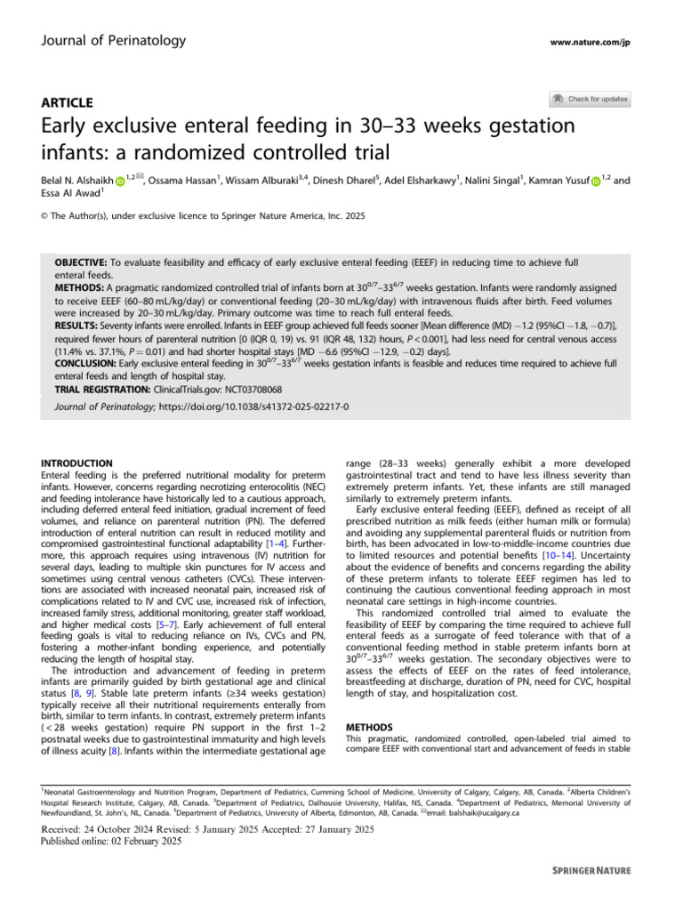 Early Exclusive Enteral Feeding in 30-33 Weeks Gestation - Alshaikh ...