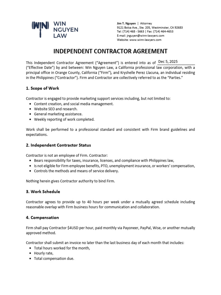 International Contract Agreement - Signed | PDF | Indemnity | Employment