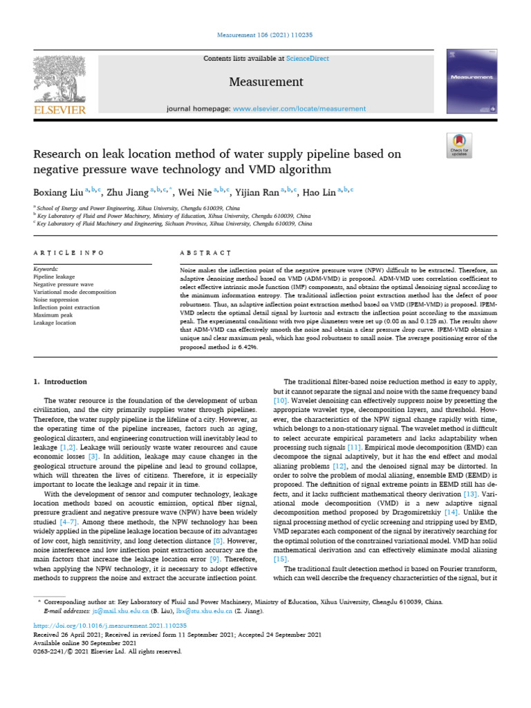 Research on leak location method of water supply pipeline based on ...