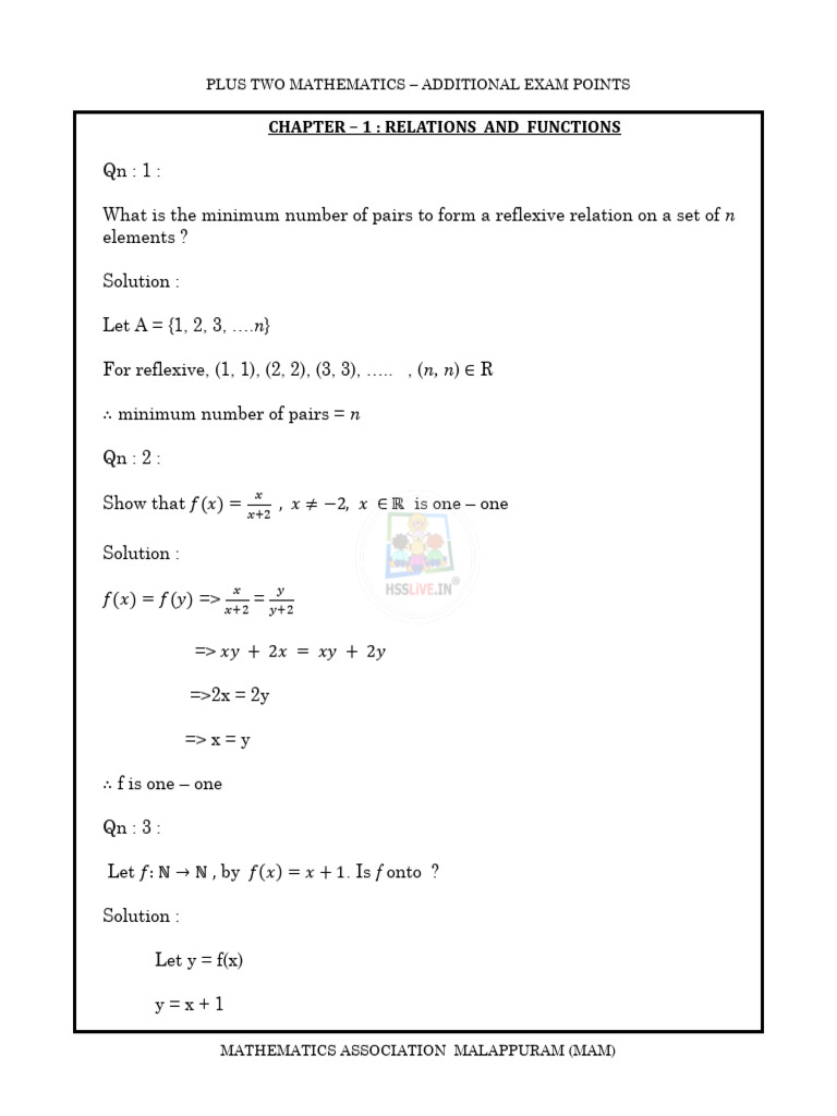 Hsslive Plus Two Mathematics - Additional Exam Points by Mam | PDF ...