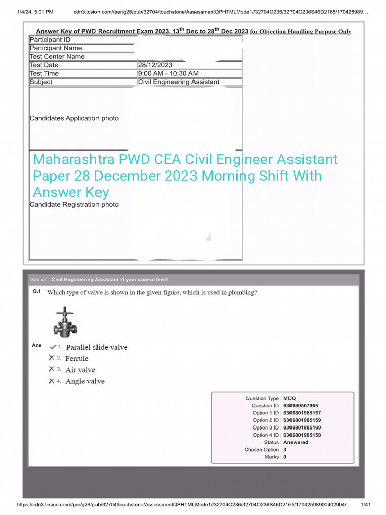 Maharashtra PWD CEA Paper 28 Dec 2023 M With Key | PDF | Qualifications ...