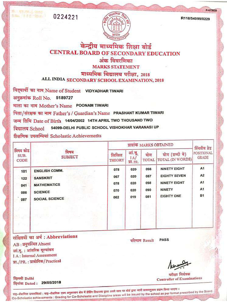 Class X Marksheet | PDF