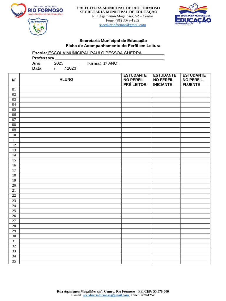 1º Ano A 2023 - Ficha Pré Leitor | PDF