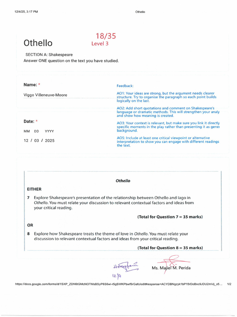 Othello - Paper 1 - Section 1 Practice | PDF