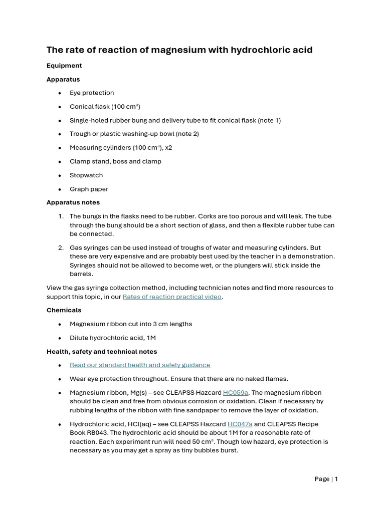 Investigating Rates of Reaction Between MG and HCL | PDF | Magnesium ...