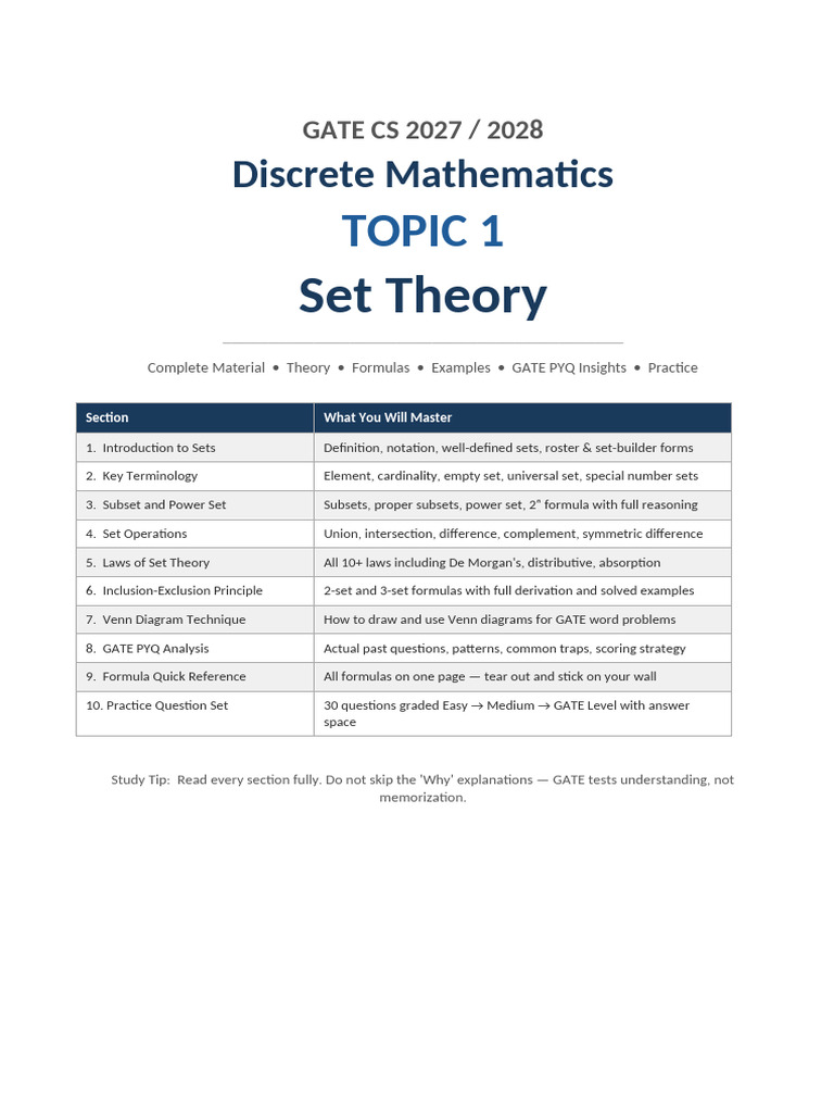 GATE CS Set Theory Complete Material | PDF | Set (Mathematics ...