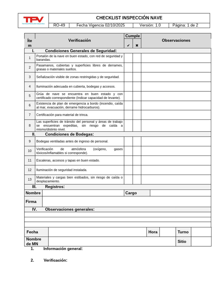 RO-49 Check List Inspección de Nave v.1 | PDF