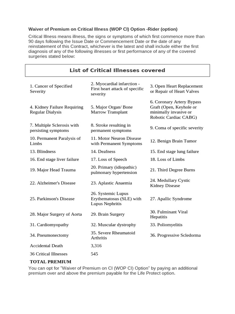 Waiver of Premium On Critical Illness + Accidental Death | PDF | Heart ...