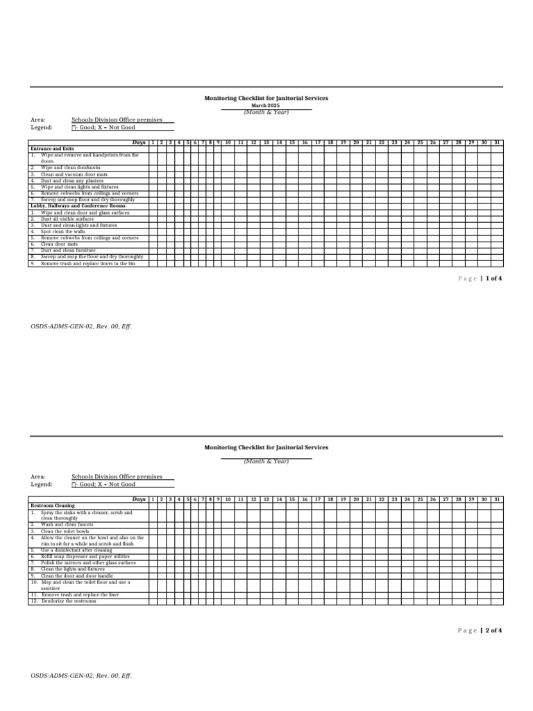 Monitoring Checklist For Janitorial Services | PDF