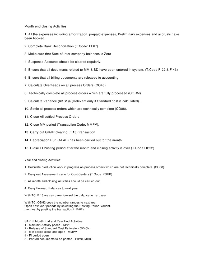 Month End Closing Activities