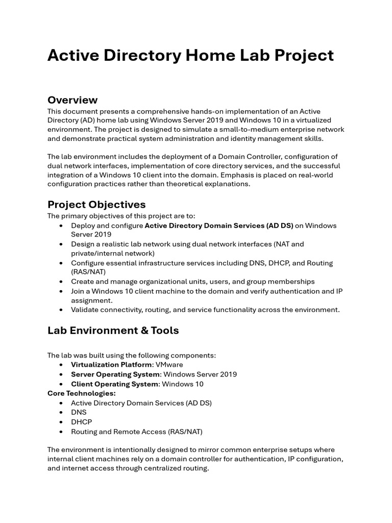 Active Directory Home Lab Project | PDF | Active Directory | Ip Address