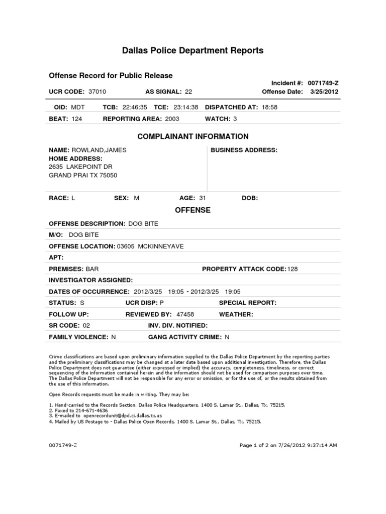 Dog Bite Police Report James Rowland Law Enforcement Crime & Justice