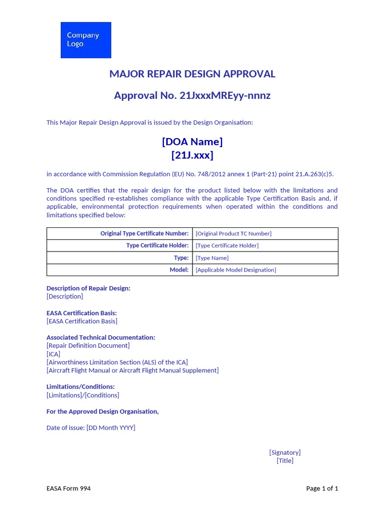 EASA Form 994 - Major Repair Design Approval - Draft | PDF