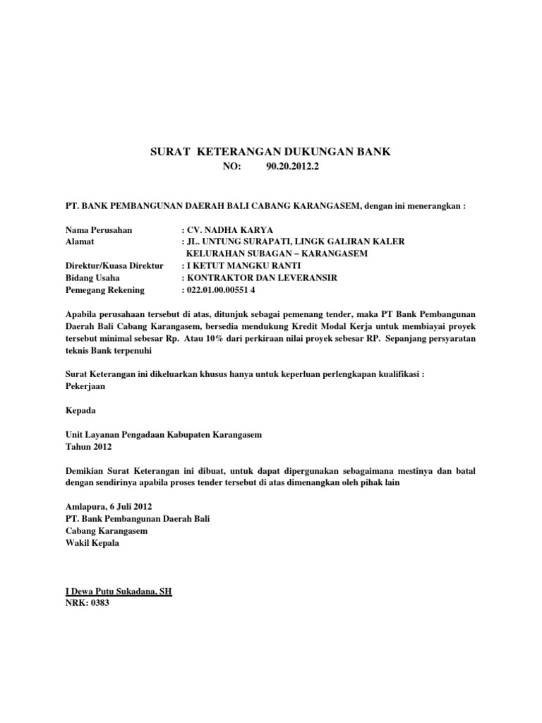 Surat Keterangan Dukungan Bank