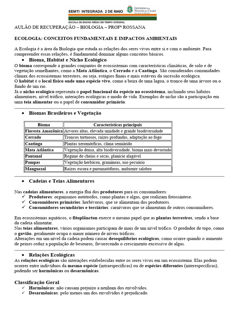 TD Aula Rec Final Biologia | PDF | Ecologia | Ambiente natural