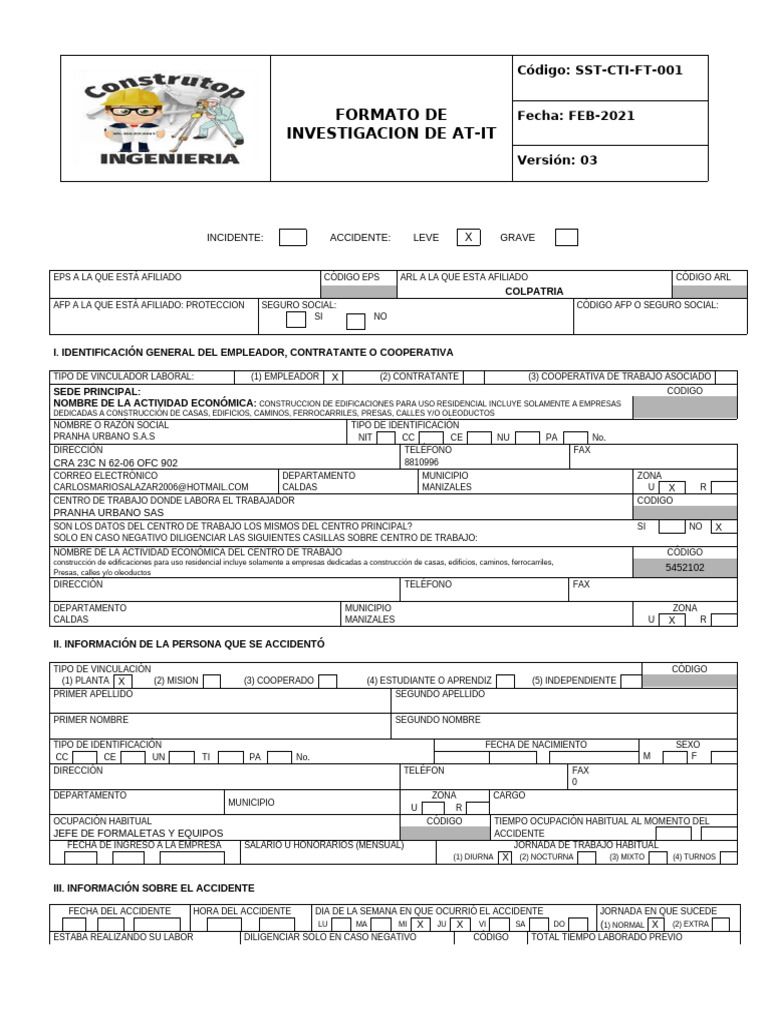 SST CTI FT 001 Formato Investigacion de at IT | PDF | Documento de ...