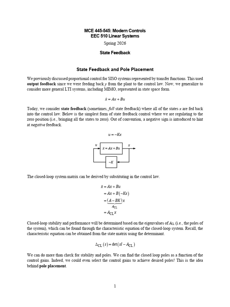 State Feedback and Pole Placement | PDF | Control Theory | Equations
