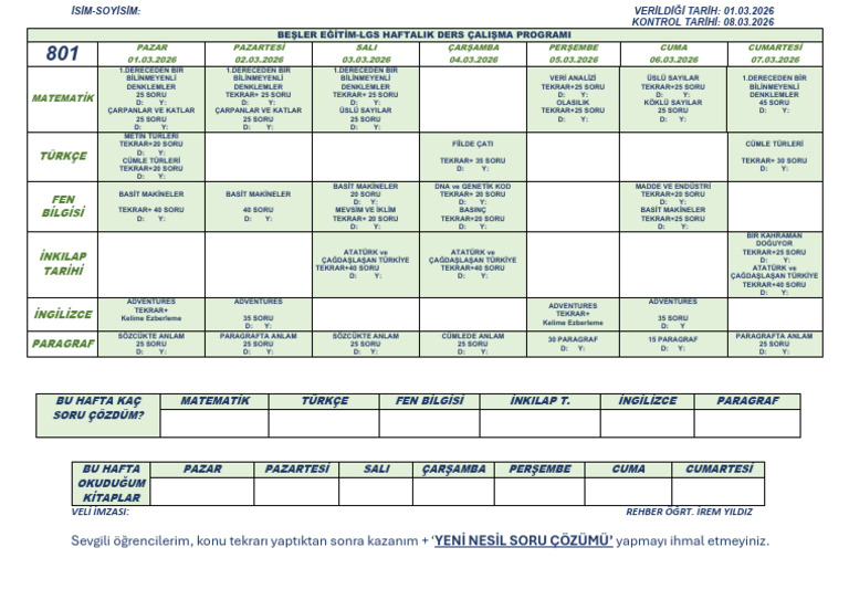 801 Çalişma Programi 01.03.2026 | PDF