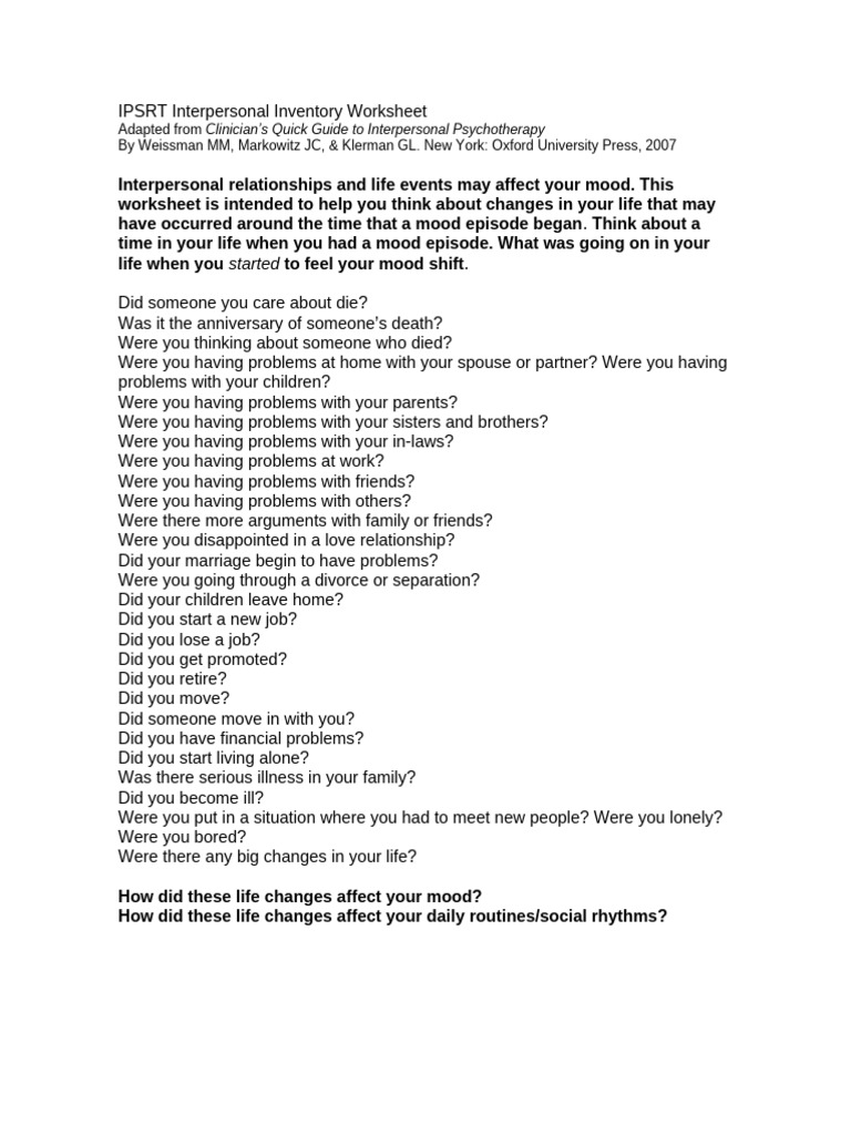 IPSRT Interpersonal Inventory Worksheet | PDF