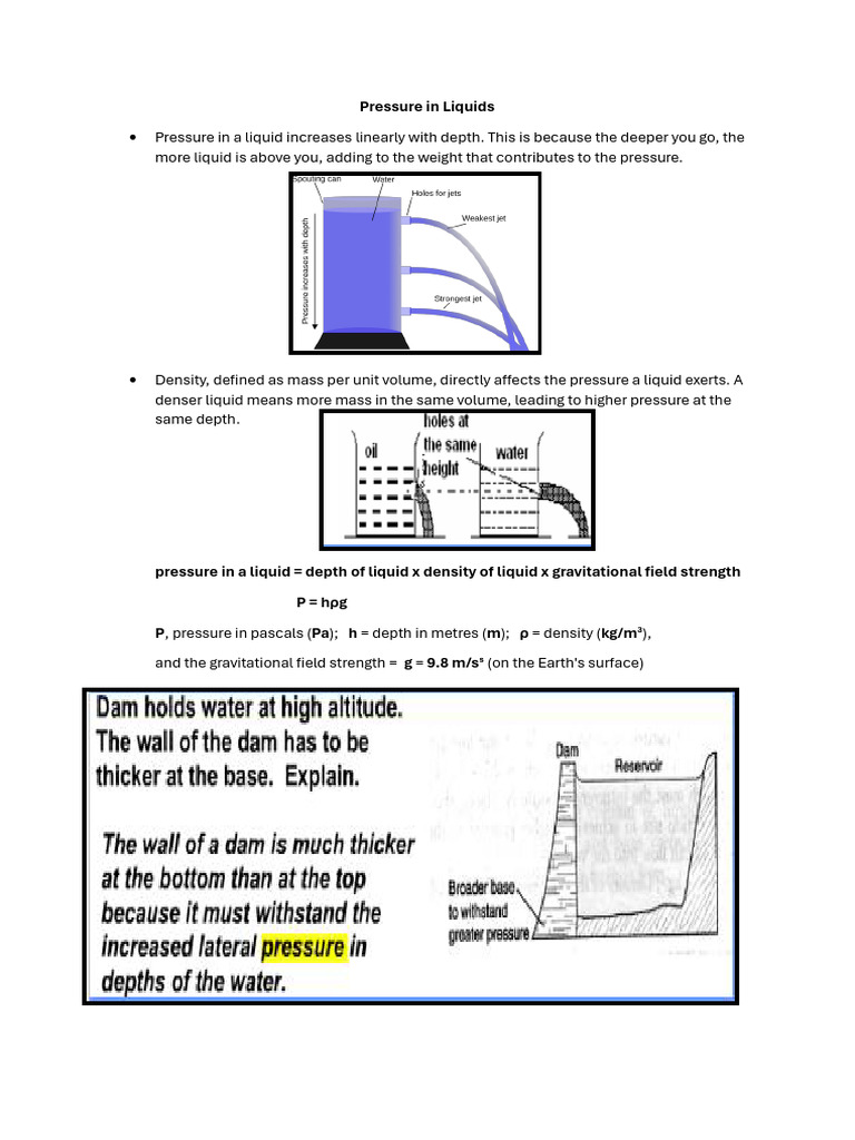 Pressure in Liquids Notes | PDF