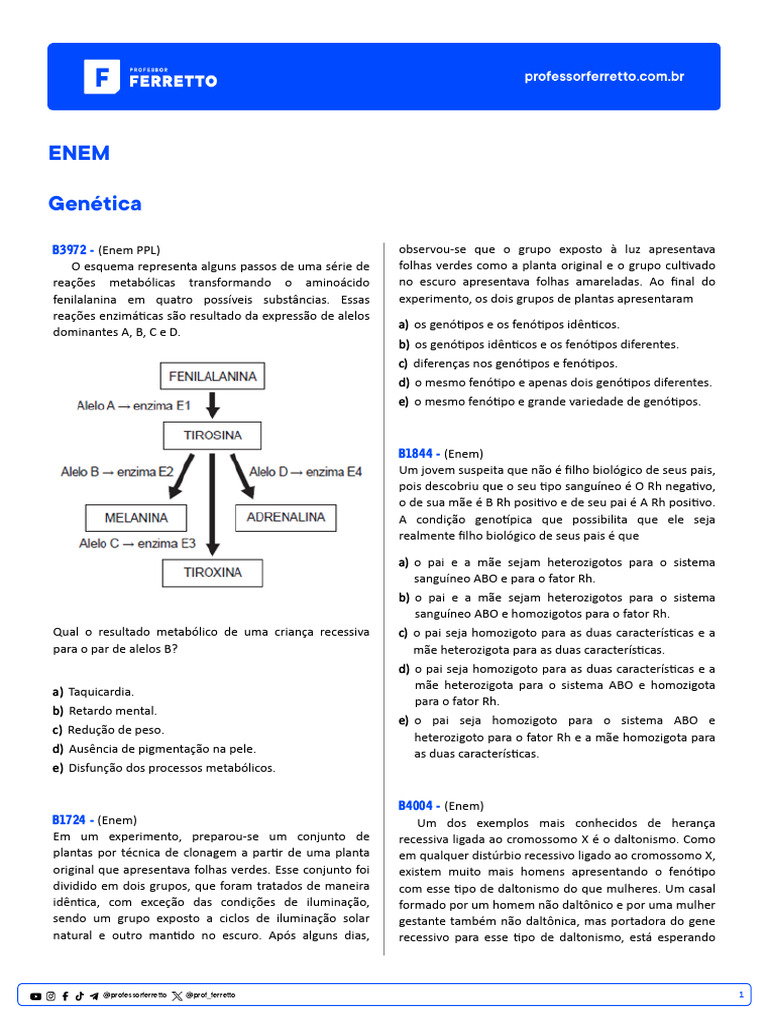 Questions Biologia Genetica ENEM | PDF | Genótipo | Alelo