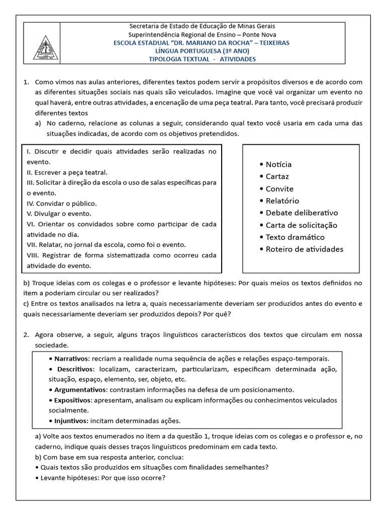 Lista de Exercícios - Tipologia Textual - Pag 40 Identidade Saraiva Red ...