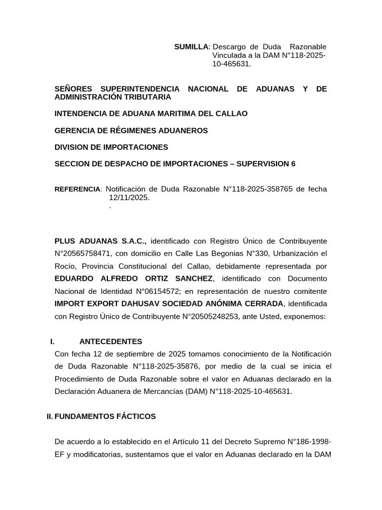 Descargo de Duda Razonable | PDF | aduana | Contabilidad