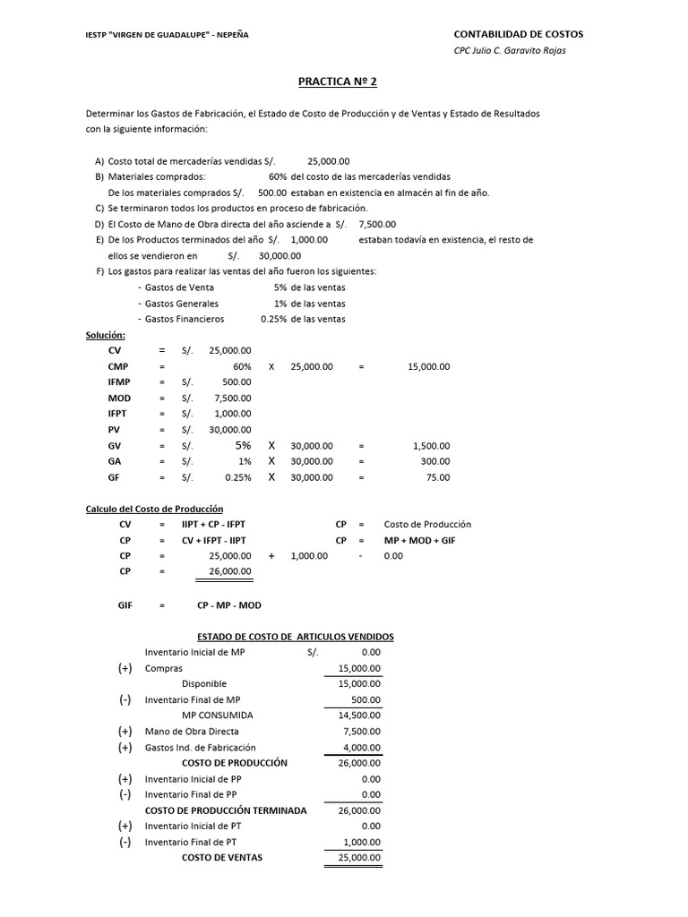 Practica 2-Estado de Costo de Producción y Ventas | PDF | Economias ...