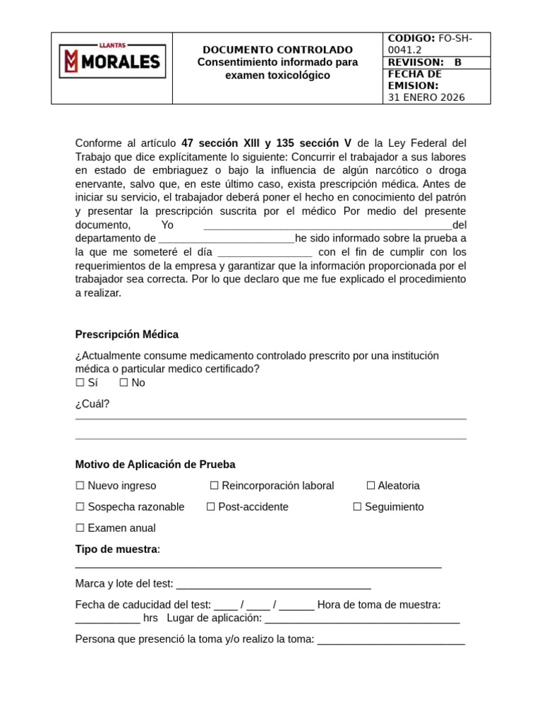 Consentimiento Informado para Examen Toxicológico: Documento Controlado ...