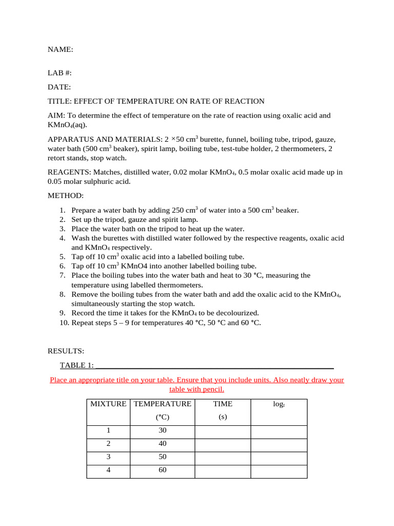 U1 Lab 7 Effect of Temperature On The Rate of Reaction | PDF ...