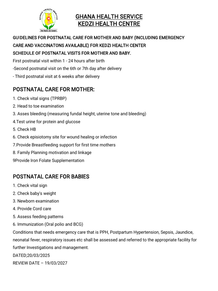Guidelines for Postnatal Care for Mothers and Baby | PDF