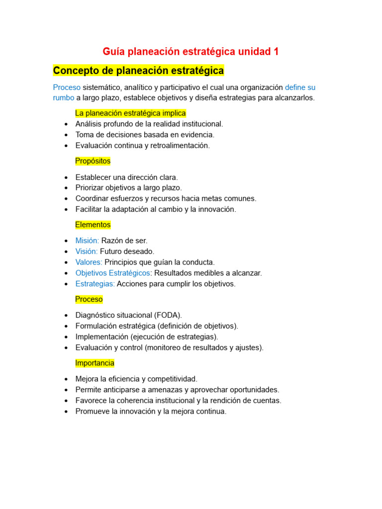 Guía Planeación Estratégica Unidad 1 | PDF | Planificación | Análisis FODA