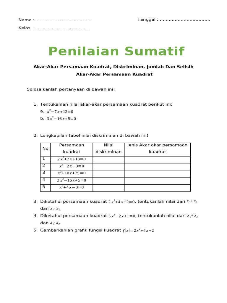 Penilaian Sumatif Persamaan Kuadrat | PDF