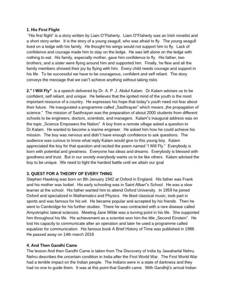A Short Summary of 14 Prose Lessons | PDF | Mahatma Gandhi | Natural ...