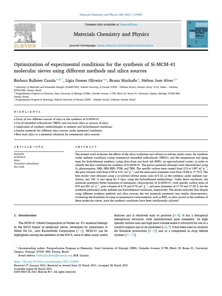 MCM 41 Optimization Cazula | PDF | Adsorption | Organic Synthesis