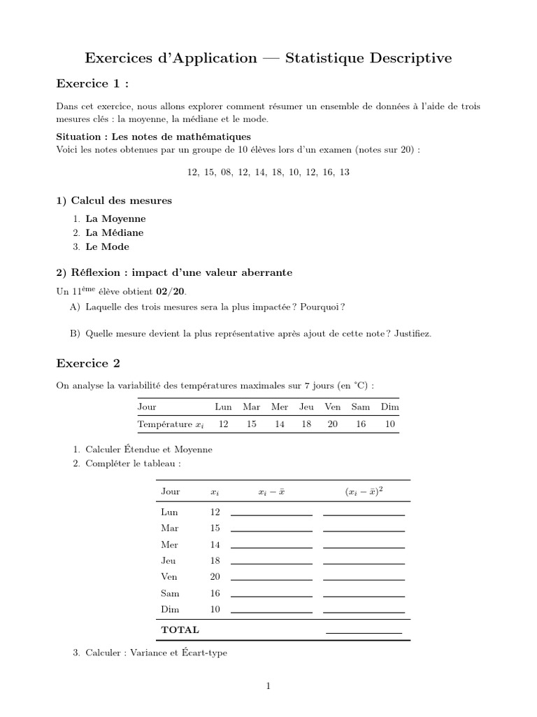 Exercices D'application - Statistique Descriptive: Exercice 1 | PDF ...