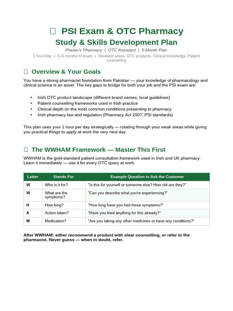 PSI Pharmacy Study Plan | PDF | Pharmacy | Over The Counter Drug