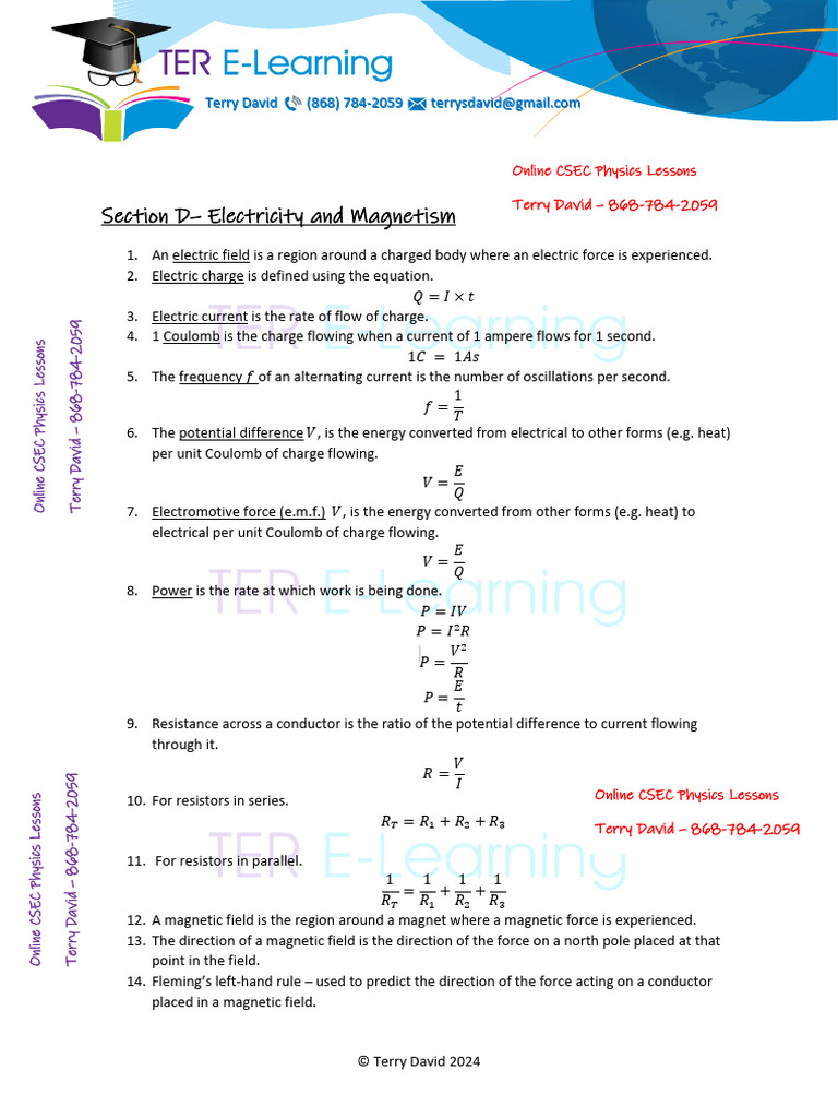 CSEC Physics Definitions (2023) (Electricity and Magnetism) | PDF