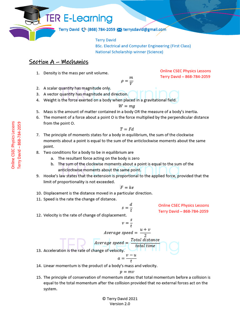 CSEC Physics Definitions (2021) (Mechanics) | PDF | Force | Momentum